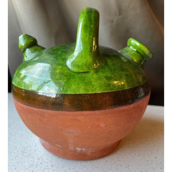 Handcrafted Green Glazed & Terracotta Clay French Gargoulette Confit Oil Jug - Picture 2 of 12